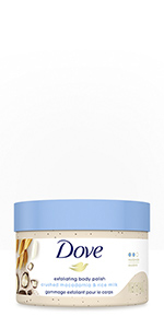 Dove Exfoliating Body Scrub Macadamia & Rice Milk removes dull, dry skin.