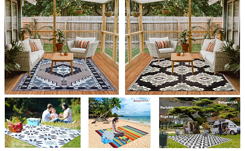 Outdoor Patio camping rugs, reversible mats, rv awning rug mat