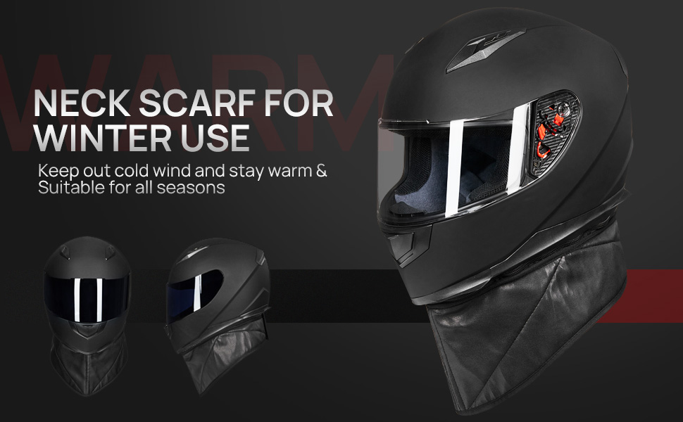 ILM Full Face Motorcycle Street Bike Helmet with Removable Winter Neck Scarf + 2 Visors DOT