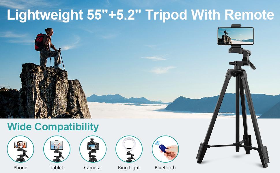 XUNHON Lightweight tripod 55 inch + 5.2?? 2-in-1 Tablet & Phone Holder with Remote