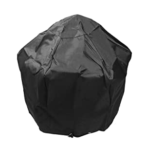 Prisp fire pit covered completely with a black protective cover, white background