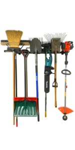 omni tool storage rack wall mount adjustable garage indoor metal shovels rake yard garden hose hang