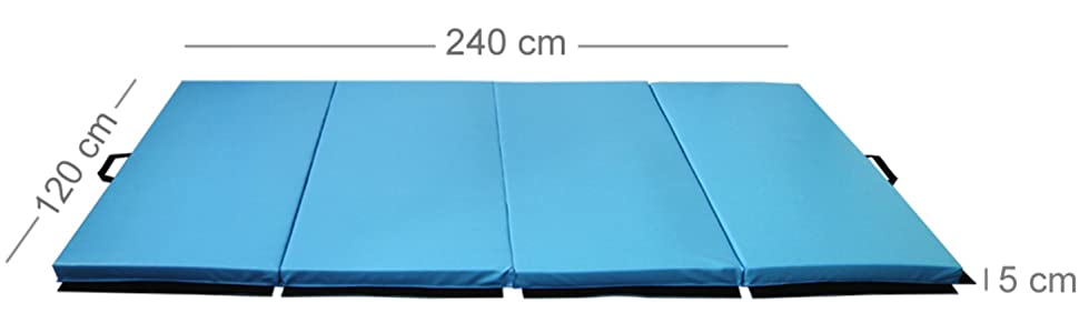 PRISP Folding blue mat showing the dimensions of the product on a white background