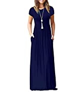 WNEEDU Women's Short Sleeve Loose Plain Casual Long Maxi Dress with Pockets