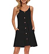 WNEEDU Women's Summer Spaghetti Strap Button Down V Neck Casual Beach Cover Up Dress with Pockets