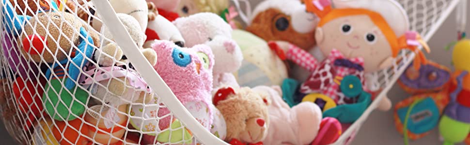 MiniOwls plush toy storage hammock for organizing kids room