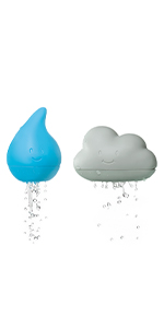 Blue Ubbi droplet bath toy to left and gray cloud on right. Water droplets drip from bottom.