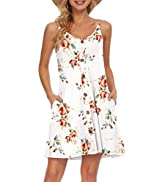 WNEEDU Women's Summer Spaghetti Strap Button Down V Neck Casual Beach Cover Up Dress with Pockets