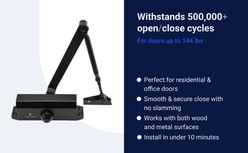 door closer, withstands 500,000 open/close cycles, residential and office, wood & metal surfaces