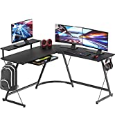 SHW Computer Gaming L-shaped Desk with Monitor Stand for Home Office, Black