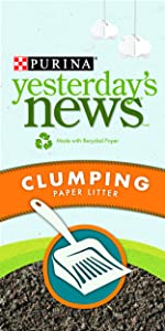 Purina Yesterdays News brand clumping paper litter. Made with recycled paper