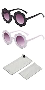 2 PCS Kids Sunglasses, Round Flower Cute Toddler Sunglasses UV400 Protection, black and white