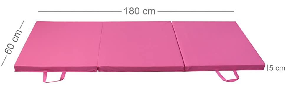 PRISP Tri Folding pink mat showing the dimensions of the product on a white background