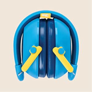 Blue earmuffs folded up in a compact size