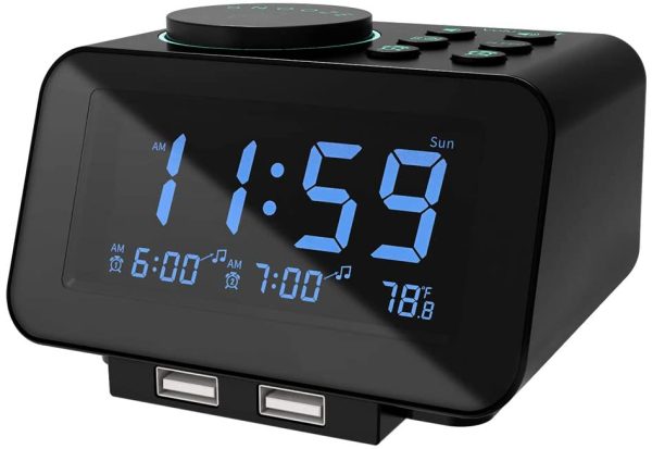 Digital Alarm Clock Radio - 0-100% Dimmer, Dual Alarm with Weekday/Weekend Mode, 6 Sounds Adjustable Volume, FM Radio w/ Sleep Timer, Snooze, 2 USB Charging Ports, Thermometer, Battery Backup - Image 6