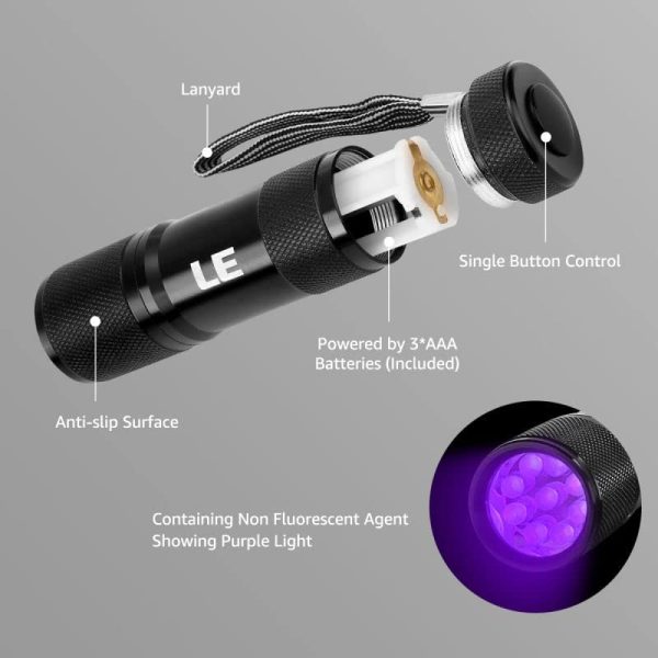 LE Ultra Violet LED Flashlight Blacklight, UV LED Flashlight, 9 LED 395nm, Pet Urine Stain Detector, 3 AAA Batteries Included, Find Stains on Clothes, Carpet or Rugs - Image 5