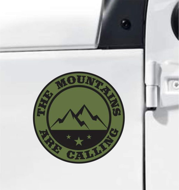 The Mountains Are Calling Vinyl Decal Bumper Sticker - Olive Green & Black, Outdoor Camping Hiking Rock Climbing Off Road Car SUV Truck Decal