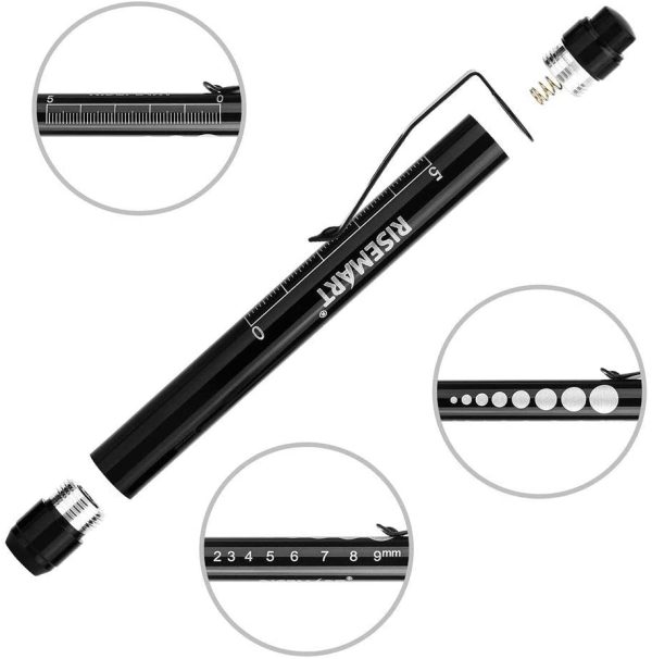 Medical Penlight RISEMART Nurse Diagnostic Reusable LED Pen and Light with Pupil Gauge Measurements for Nursing Students Doctors with Pocket Clip Included 4 * AAA Batteries(Black and Silver) - Image 3