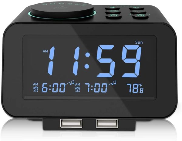 Digital Alarm Clock Radio - 0-100% Dimmer, Dual Alarm with Weekday/Weekend Mode, 6 Sounds Adjustable Volume, FM Radio w/ Sleep Timer, Snooze, 2 USB Charging Ports, Thermometer, Battery Backup