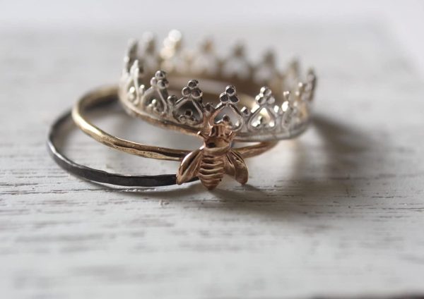 100% Handmade Queen Bee Crown Princess Royalty Stacking Stackable Ring Set Oxidized Honeybee Honey Nature Women Gift Mother's Anniversary Teen Gold-filled Gold - Image 5