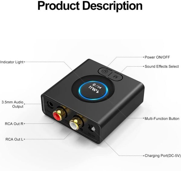 1Mii MiiLink Bluetooth Audio Adapter, Low Latency Wireless Bluetooth 5.0 Audio Receiver with 3.5 mm RCA for Home Stereo Music Streaming System, Bass Mode, 12hrs Playtime - Image 6