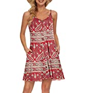 WNEEDU Women's Summer Spaghetti Strap Button Down V Neck Casual Beach Cover Up Dress with Pockets