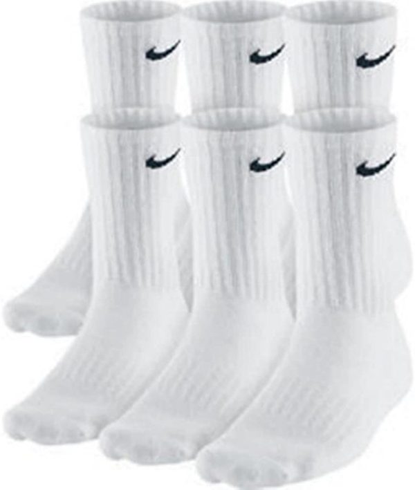 NIKE Dri-Fit Classic Cushioned Crew Socks 6 PAIR White with Black Swoosh Logo) LARGE 8-12 - Image 2