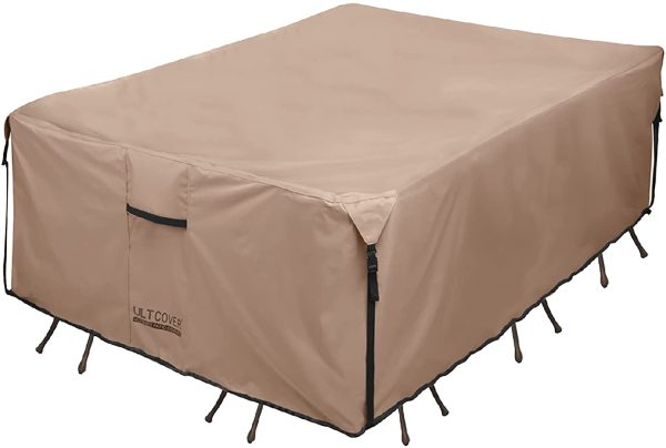 ULTCOVER Rectangular Patio Heavy Duty Table Cover - 600D Tough Canvas Waterproof Outdoor Dining Table and Chairs General Purpose Furniture Cover Size 111L x 74W x 28H inch - Image 5