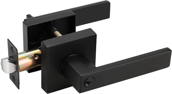 Matte Black Exterior Door Handle with Square Rosette, Keyed Alike Entry Door Lockset, Heavy Duty Reversible Door Lever for Left/Right Handed Door, 1 Pack