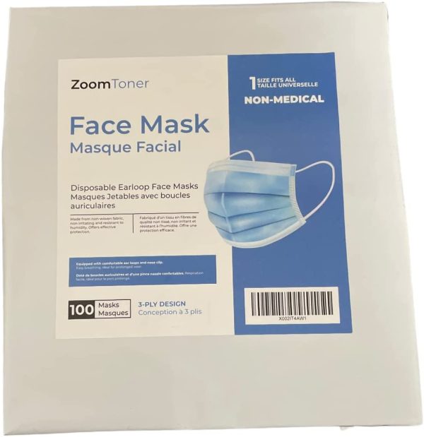 ZoomToner? Ships from Canada - 100 Pack Disposable Face Masks Masques Safety, 3-Ply Ear Loop - Image 4