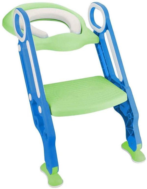 Potty Training Toilet Seat with Step Stool Ladder for Boys and Girls Baby Toddler Kid Children Toilet Training Seat Chair with Handles Padded Seat Non-Slip Wide Step (Blue+Green Standard Seat) - Image 2