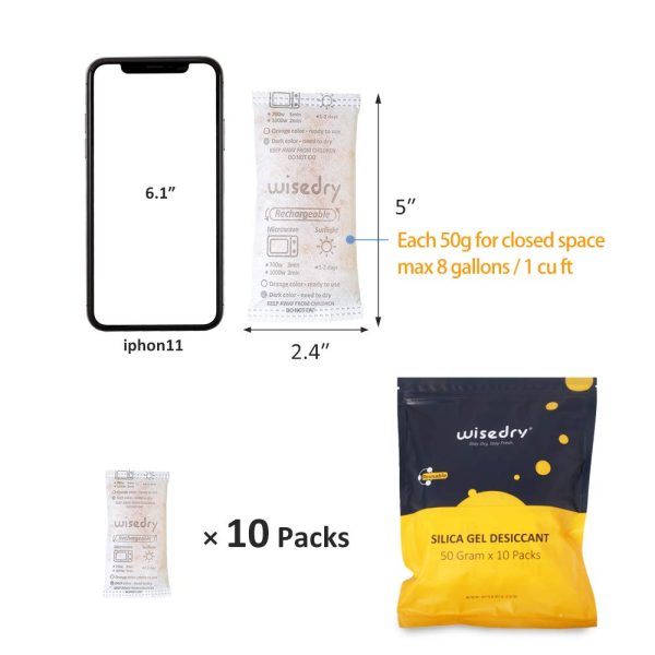 wisedry 50 Gram [10 Packs] Silica Gel Desiccant Packets Microwave Fast Reactivate Desiccant Bags with Indicating Beads for Closet Gun Safes Bathroom Food Grade