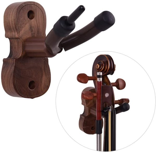 Wall Mount Violin Fiddle Viola Hanger Hook Keeper with Bow Holder Rubber Cushion Wood Base - Image 8