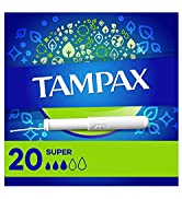 Tampax Cardboard Tampons Super Absorbency, Anti-Slip Grip, LeakGuard Skirt, Unscented, 20 Count -...