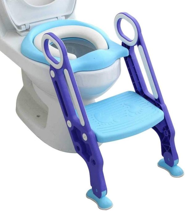 Potty Training Toilet Seat with Step Stool Ladder for Boys and Girls Baby Toddler Kid Children Toilet Training Seat Chair with Handles Padded Seat Non-Slip Wide Step (Blue Purple Upgraded Standard Seat) - Image 4