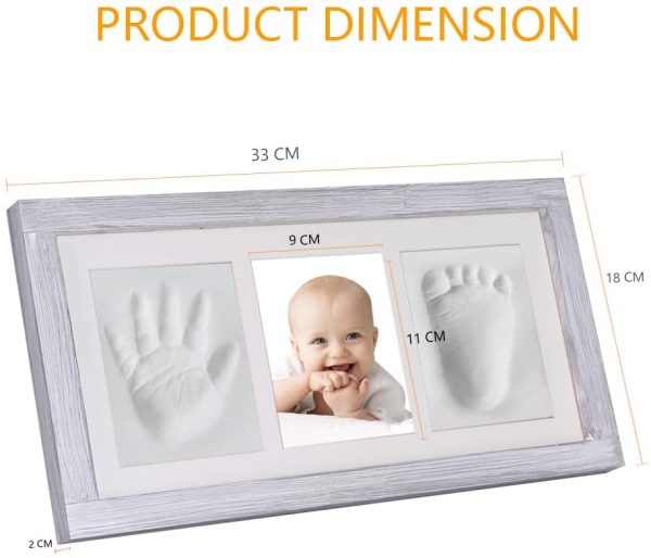 Baby Hand & Footprint Kit, Newborn Keepsake Box in Rustic Farmhouse Frame, Clay Casting Kit for Baby Shower Gifts, Boys & Girls - Baby Nursery Decor - Bonus Stencil Included (Grey)