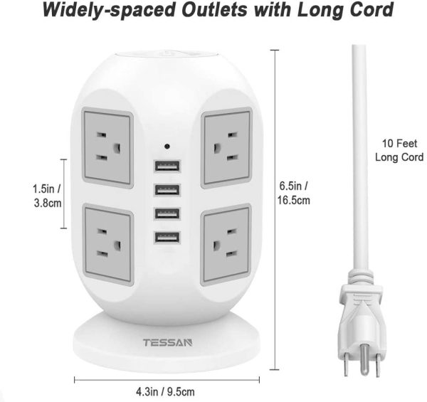 Tower Power Bar with Surge Protector, 10 Feet Long Extension Cord Indoor,  Surge Protection Power Strip with 8 Multi Outlets 4 USB Ports, Desk Charging Station for Dorm Home Office Accessories - Image 6