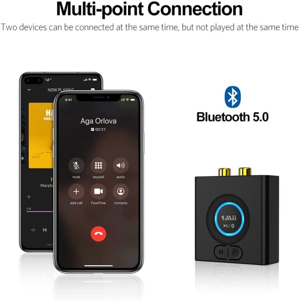 1Mii MiiLink Bluetooth Audio Adapter, Low Latency Wireless Bluetooth 5.0 Audio Receiver with 3.5 mm RCA for Home Stereo Music Streaming System, Bass Mode, 12hrs Playtime - Image 2