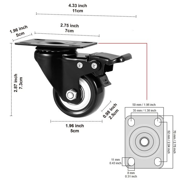 Caster Wheels, ASHGOOB 2" Casters Set of 4 Heavy Duty with Brake, No Floor Marks Silent Locking Casters with Polyurethane (PU) Wheels, Swivel Plate Castors Pack of 4 - Image 6