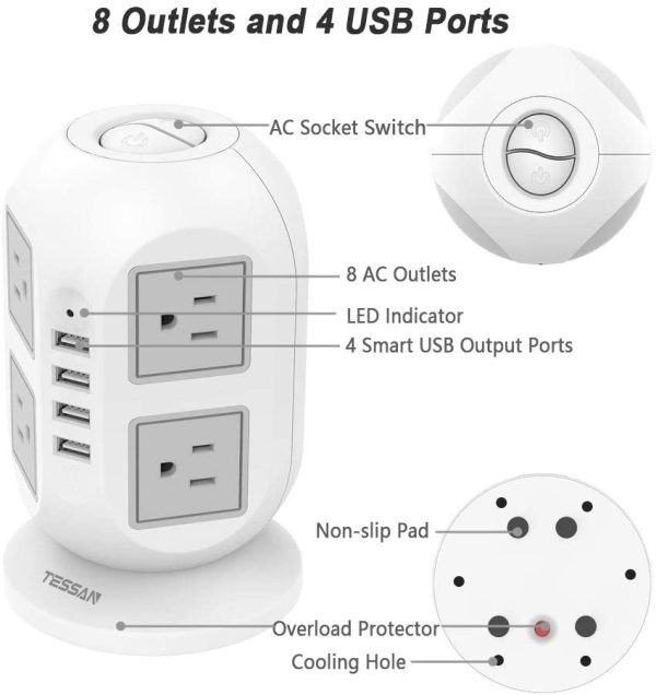 Tower Power Bar with Surge Protector, 10 Feet Long Extension Cord Indoor,  Surge Protection Power Strip with 8 Multi Outlets 4 USB Ports, Desk Charging Station for Dorm Home Office Accessories - Image 3