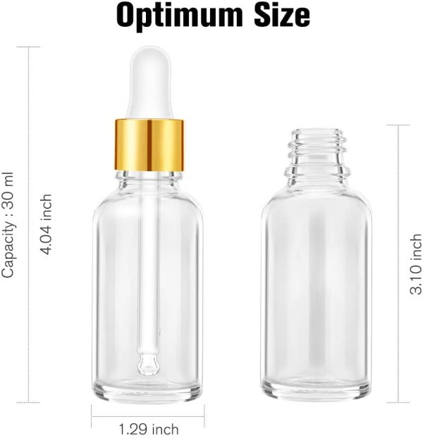 PrettyCare Eye Dropper Bottle 1 oz (24 Pack Clear Glass Bottles 30ml with Golden Caps, 2 Extra Measured Pipettes, 48 Labels, 2 Funnels ) Empty Tincture Bottles for Essential Oils, Perfume - Image 4