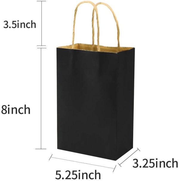 Small 100 Pack 5.25x3.25x8 inch Black Kraft Paper Bags with Handles Bulk, Bagmad Gift Bags, Craft Grocery Shopping Retail Party Favors Wedding Bags Sacks (Black, 100pcs)