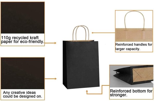 Shopping Bags 25Pcs Black Kraft Paper Bags Paper Gift Bags, Merchandise Bags, Retail Bags, Party Bags, Gift Bags with Handles Bulk Recycled Paper Bags (Black, 9.84x4.72x12.99inch) - Image 2