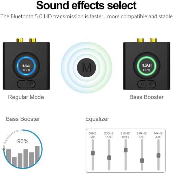 1Mii MiiLink Bluetooth Audio Adapter, Low Latency Wireless Bluetooth 5.0 Audio Receiver with 3.5 mm RCA for Home Stereo Music Streaming System, Bass Mode, 12hrs Playtime - Image 8