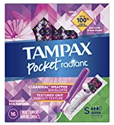 Tampax Pocket Radiant Compact Plastic Tampons, Super Absorbency, Unscented, 16 Count, Packaging M...