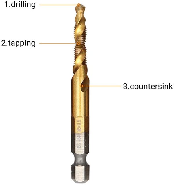 6pcs Combination Drill and Tap Bit, Metric Thread M3-M10 Screw Tapping Tool 1/4" Hex Shank Titanium Plated HSS - Image 6