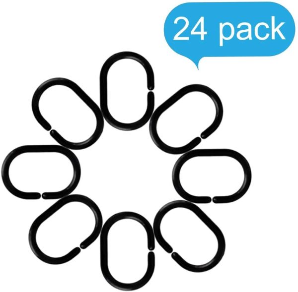 Shower Curtain Hooks, 24 Pcs Shower Curtain Rings, Plastic Curtain C Rings Roller Rust-Resistant & Anti-Drop Shower Hooks for Curtain Bathroom Shower Curtains (Black)