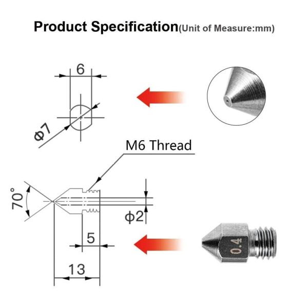 Creality 3D New Set of Tungsten All Metal Steel Nozzles with Hard Strength and High Temperature Resistance, Inner Diameter of 0.2, 0.3, 0.4, 0.5, 0.6mm for Makerbot Ender 3 / Ender 3 Pro, CR-10 Series [5 pcs] - Image 6