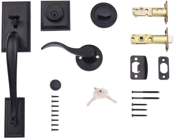 Modern Door Handle and Deadbolt Lock Set, Right-Hand Wave Door Lever, Matte Black - Image 2