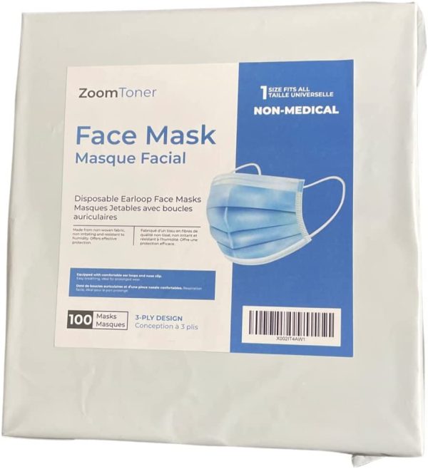 ZoomToner? Ships from Canada - 100 Pack Disposable Face Masks Masques Safety, 3-Ply Ear Loop - Image 2